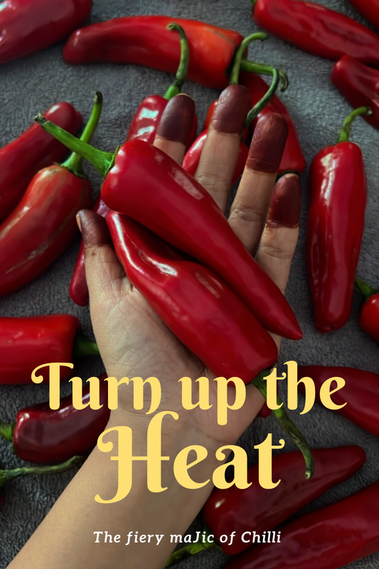 A hand holding two vibrant red chillies with stained fingertips, surrounded by more fresh red chillies on a dark fabric background. The text "Turn up the Heat" appears in bold yellow, with the tagline "The fiery maJic of Chilli" beneath it.